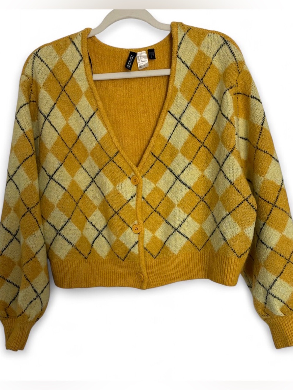 H&M Yellow Argyle V-Neck Wool Blend Cardigan Sweater Large